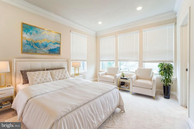 bedroom with recessed lighting, light colored carpet, crown molding, and baseboards