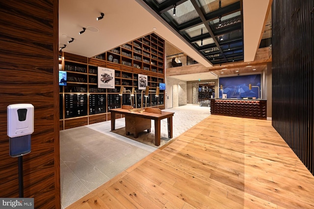 wine cellar with hardwood / wood-style flooring, a mail area, and a high ceiling