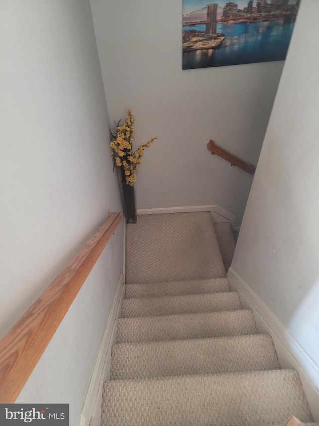 stairway featuring baseboards and carpet flooring