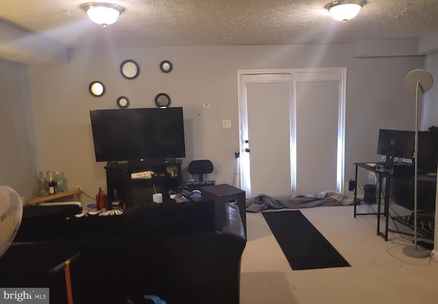 carpeted living room featuring a textured ceiling