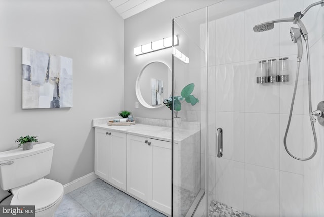 bathroom featuring baseboards, toilet, marble finish floor, vanity, and a shower stall