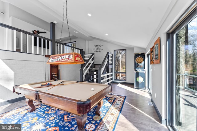 recreation room with billiards, baseboards, wood finished floors, vaulted ceiling, and recessed lighting