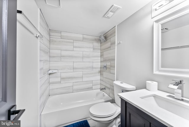 full bath featuring shower / bath combination, visible vents, vanity, and toilet