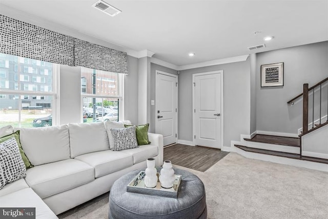 carpeted living room with ornamental molding