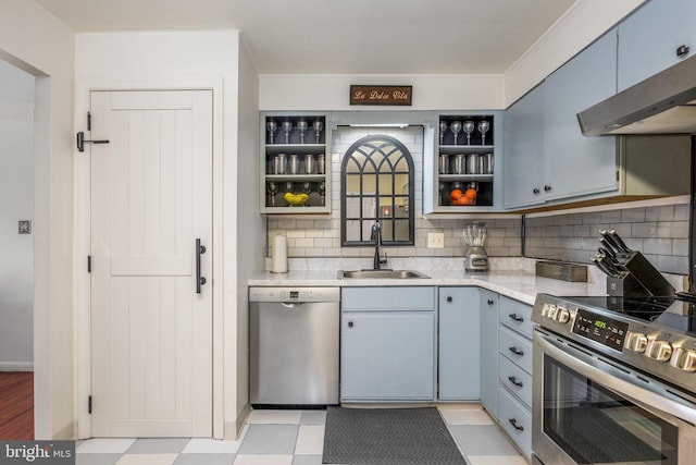 kitchen featuring tasteful backsplash, stainless steel appliances, sink, and exhaust hood