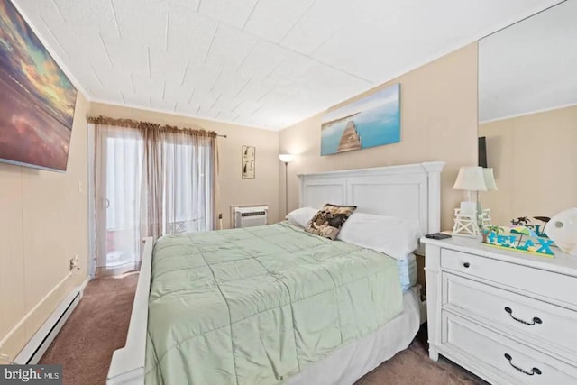 bedroom featuring dark colored carpet, a wall mounted air conditioner, and baseboard heating