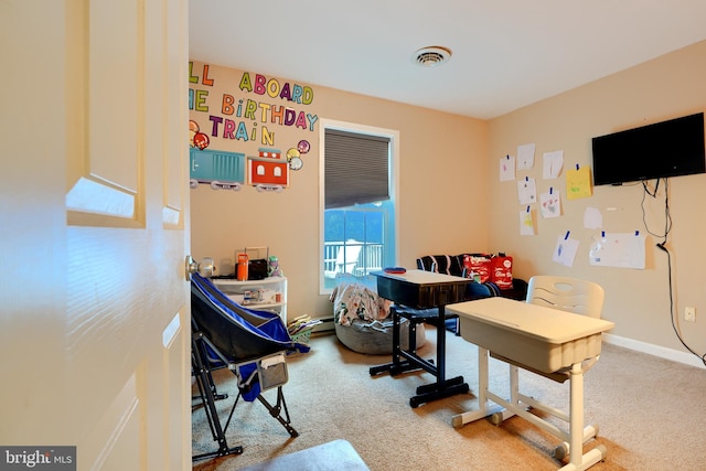 rec room with carpet, visible vents, and baseboards