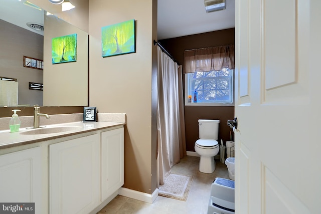 full bath featuring visible vents, toilet, vanity, tile patterned flooring, and baseboards