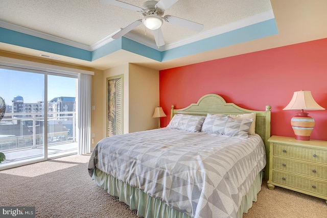 carpeted bedroom featuring access to exterior, a view of city, a tray ceiling, and a textured ceiling