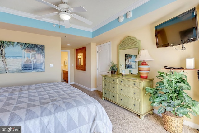 bedroom featuring crown molding, ceiling fan, baseboards, and light colored carpet