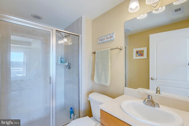 full bath featuring a stall shower, visible vents, vanity, and toilet