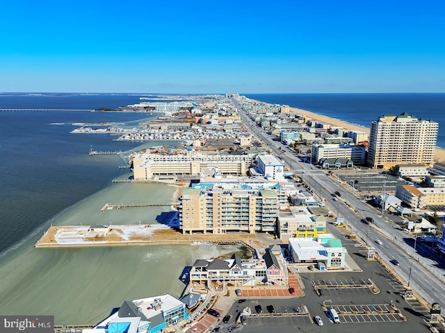 aerial view featuring a water view and a city view