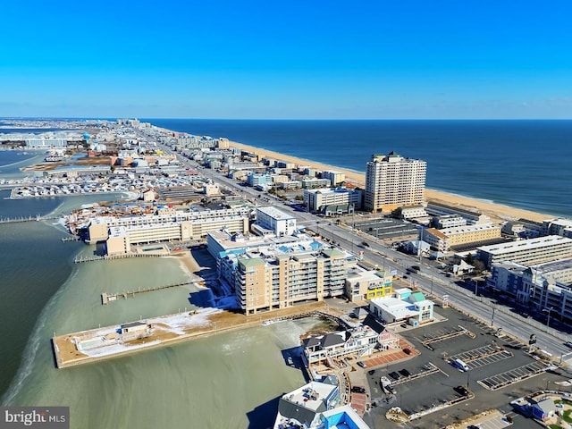 bird's eye view featuring a water view and a city view