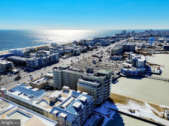 aerial view featuring a water view and a city view