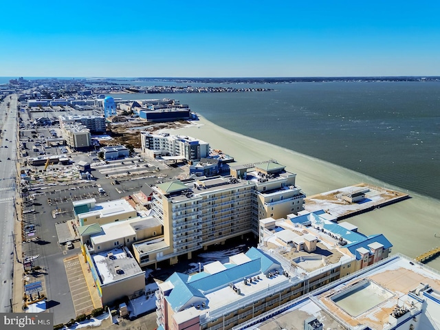 aerial view featuring a water view and a view of city