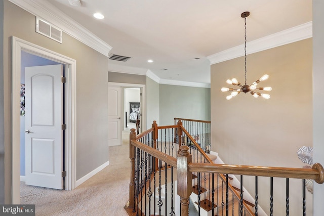 hall with light carpet, visible vents, baseboards, an upstairs landing, and crown molding