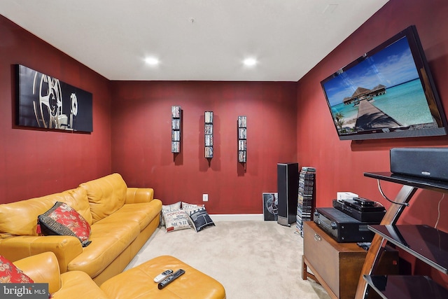 carpeted home theater with baseboards and recessed lighting