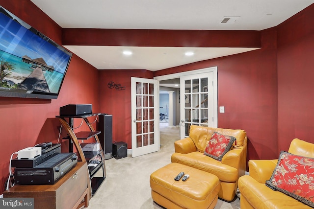 sitting room with french doors, carpet flooring, visible vents, and recessed lighting