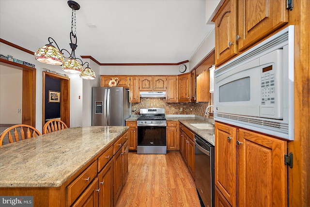 10133 Queens Cir, Ocean City, MD 21842 - kitchen featuring tasteful backsplash, appliances with stainless steel finishes, under cabinet range hood, a sink, and brown cabinetry