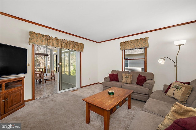 10133 Queens Cir, Ocean City, MD 21842 - carpeted living room featuring baseboards, visible vents, and crown molding