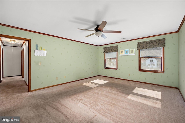 10133 Queens Cir, Ocean City, MD 21842 - carpeted spare room featuring baseboards, ceiling fan, wallpapered walls, and attic access