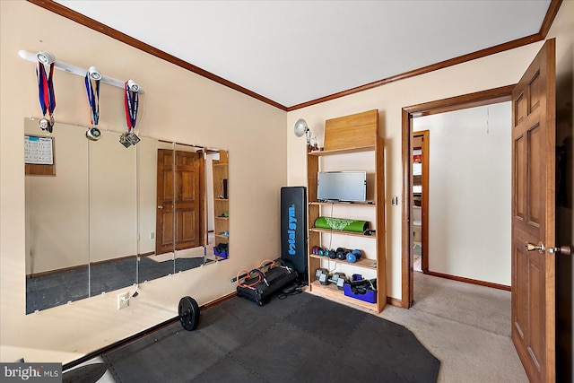 10133 Queens Cir, Ocean City, MD 21842 - exercise room with carpet floors, crown molding, and baseboards