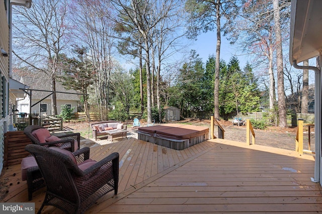 10133 Queens Cir, Ocean City, MD 21842 - wooden terrace with an outdoor structure, a fenced backyard, outdoor lounge area, and a storage shed