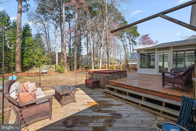 10133 Queens Cir, Ocean City, MD 21842 - deck featuring a sunroom, fence, and a covered hot tub