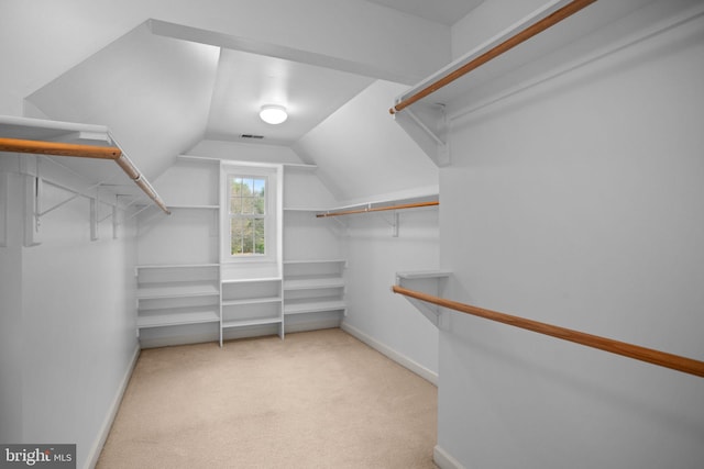 spacious closet featuring lofted ceiling and carpet