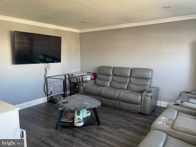 living room with crown molding and dark hardwood / wood-style floors