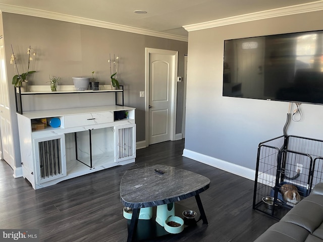 living room featuring dark hardwood / wood-style flooring and ornamental molding