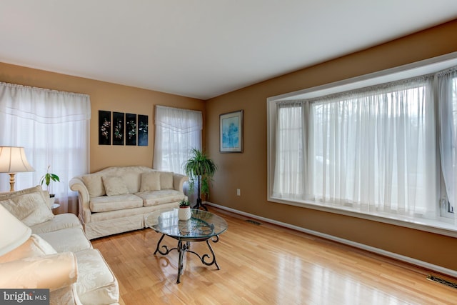 living room with plenty of natural light and light hardwood / wood-style floors