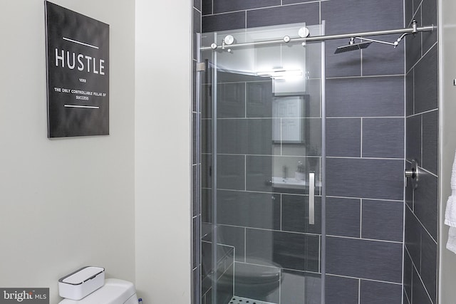 bathroom featuring toilet and a shower stall