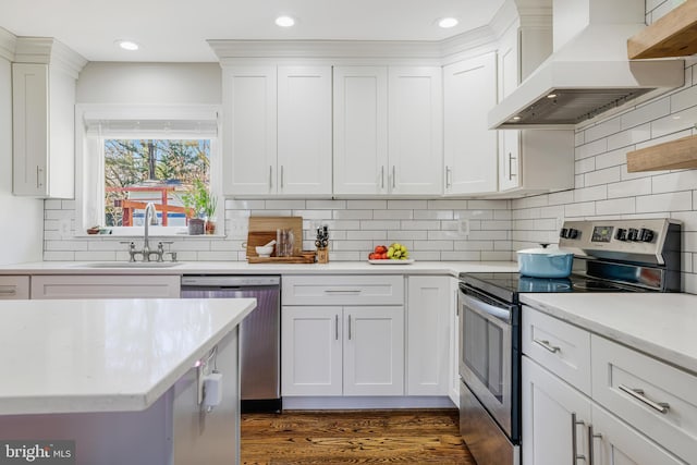 kitchen featuring white cabinetry, custom exhaust hood, sink, and appliances with stainless steel finishes