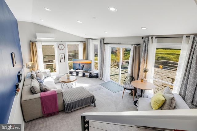 carpeted living room with a wall unit AC and lofted ceiling