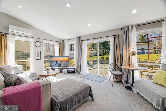 interior space with light carpet, lofted ceiling, and a wall mounted air conditioner