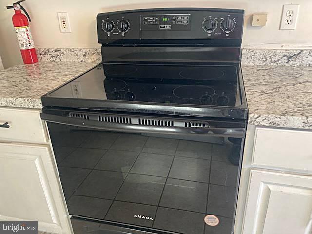 interior details featuring white cabinets and black range with electric stovetop