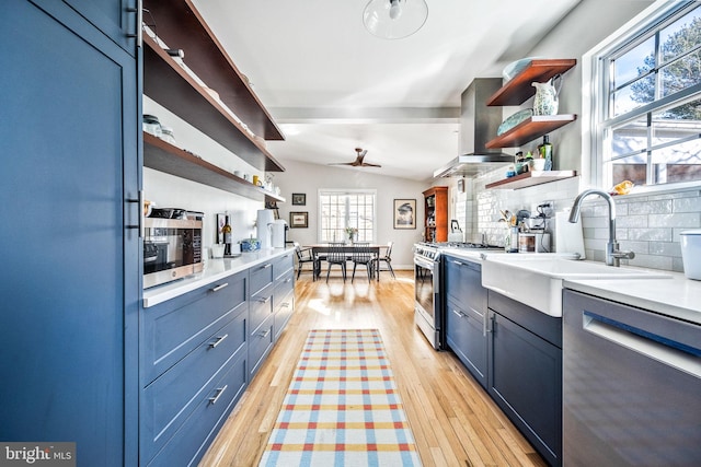 kitchen with open shelves, decorative backsplash, appliances with stainless steel finishes, a sink, and exhaust hood