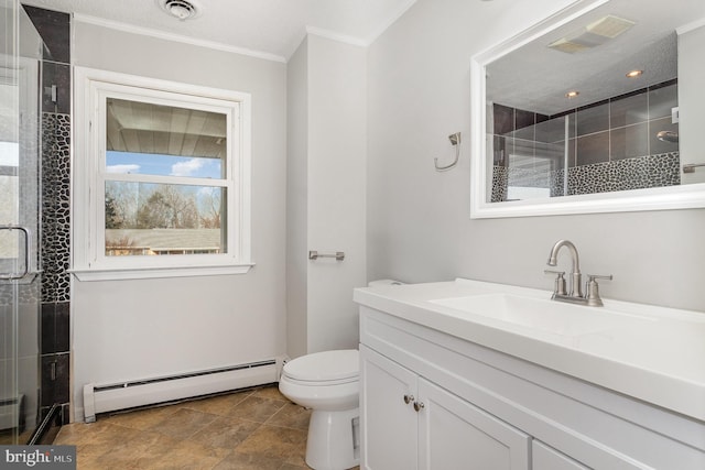 bathroom featuring toilet, an enclosed shower, ornamental molding, vanity, and a baseboard heating unit