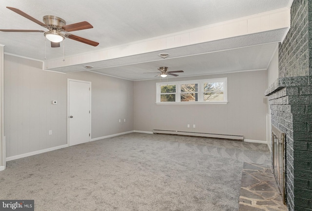 unfurnished living room featuring a baseboard radiator, ornamental molding, carpet floors, and a brick fireplace