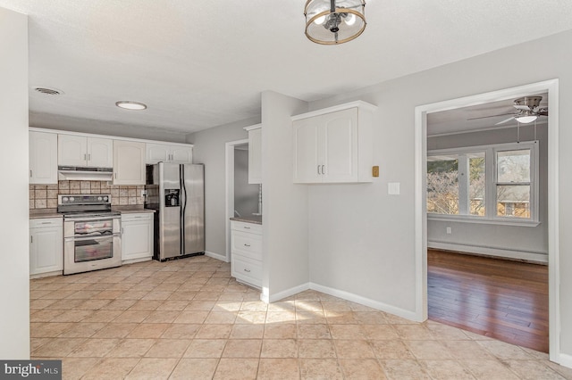 kitchen with ceiling fan, appliances with stainless steel finishes, white cabinetry, decorative backsplash, and a baseboard radiator