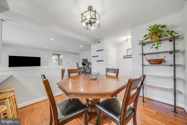 dining room with light wood-style floors, recessed lighting, visible vents, and baseboards