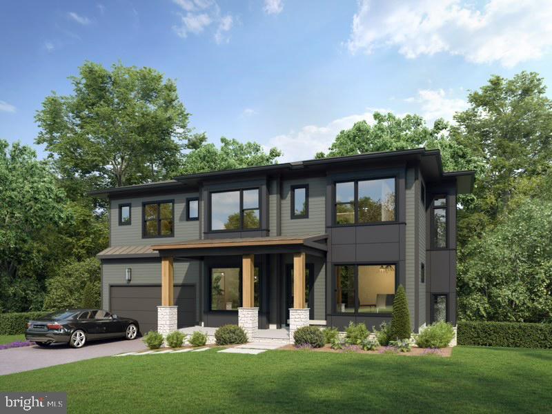 contemporary house featuring a garage, a front yard, covered porch, and driveway