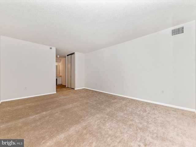 spare room featuring light colored carpet and a textured ceiling