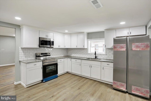 kitchen featuring appliances with stainless steel finishes, sink, white cabinets, and light wood-type flooring