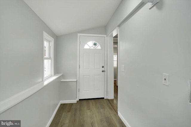 entryway with vaulted ceiling and dark wood-type flooring