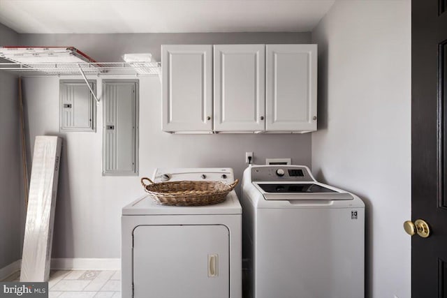 laundry area featuring cabinets, washing machine and dryer, and electric panel