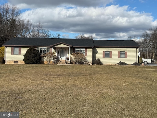 ranch-style home featuring crawl space and a front yard