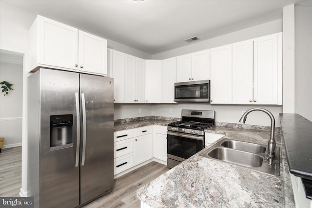 kitchen featuring appliances with stainless steel finishes, white cabinetry, a sink, and visible vents