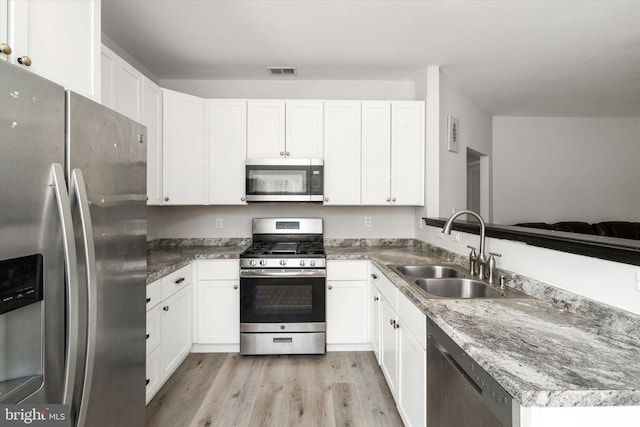 kitchen with dark countertops, visible vents, appliances with stainless steel finishes, white cabinetry, and a sink